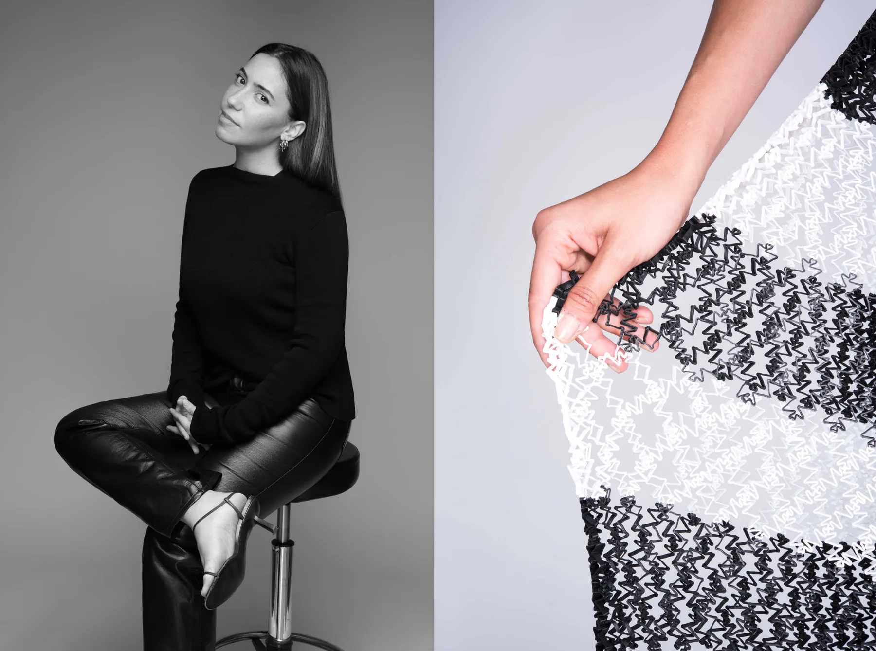 Danit Peleg seated beside a close-up of a black and white 3D-printed garment