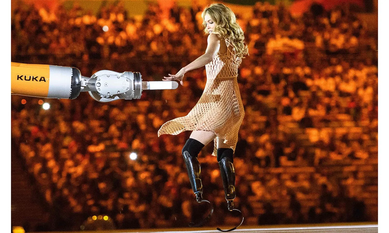 Amy Purdy dancing with the KUKA robot arm at the Rio 2016 Paralympic opening ceremony